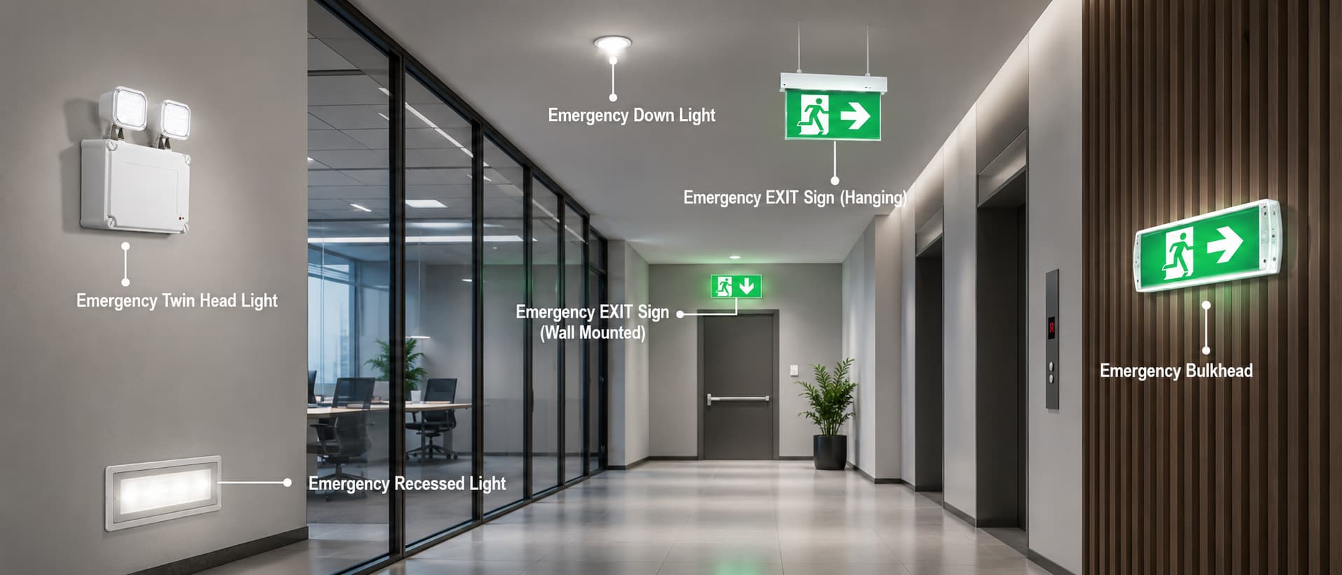 Emergency lighting applications in a commercial building corridor