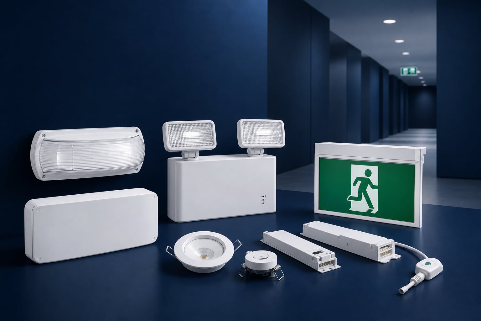 Emergency lighting product family including wall lights, twin-head lights, downlights, exit signs and conversion kits